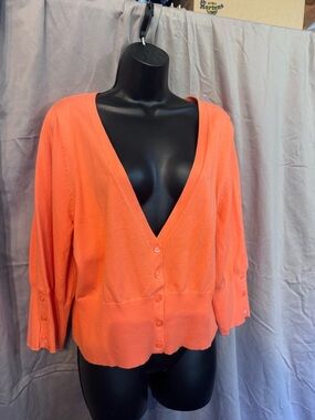 Lane Bryant Coral Orange V-Neck Button Cardigan with 3/4 Sleeve,button detail